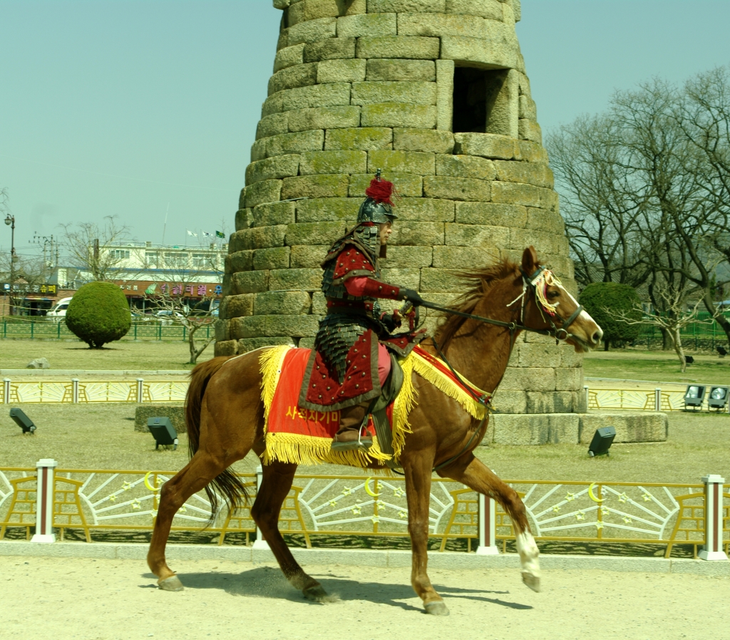 A rider at the Cheomseongdae Observatory in Gyeongju.